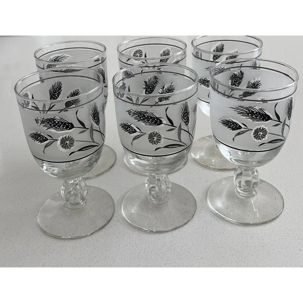 Vtg MCM Libbey Silver Wildflower & Wheat Frosted Pedestal Goblets Set Of 6
